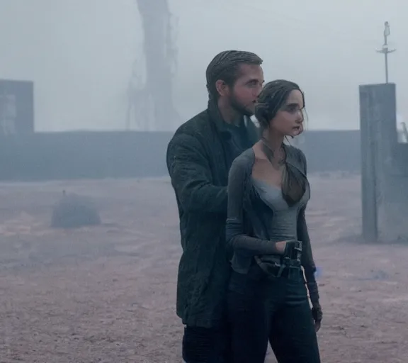 Prompt: a movie still of ana de armas aiming a gun with ryan gosling in the movie blade runner 2 0 4 9