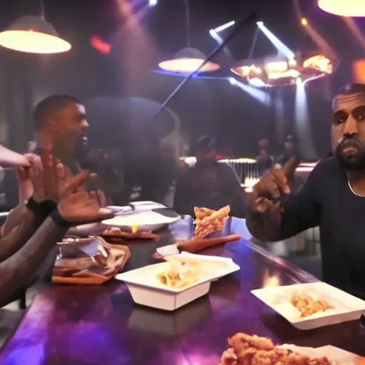 Image similar to blurry, gopro footage of kanye west eating at taco bell, cinematic, volumetric lighting, night, rain