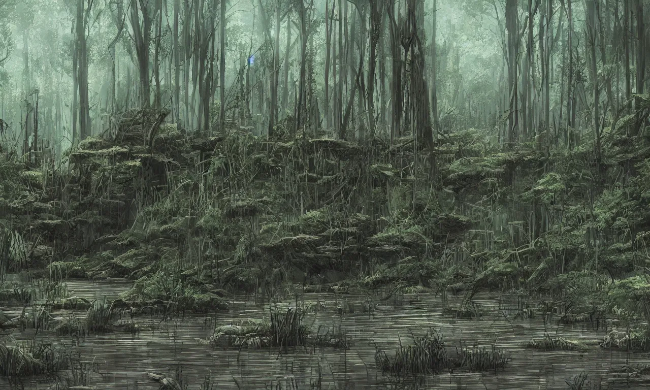 Prompt: palisade standing in a swamp, digital art, illustration, fantasy