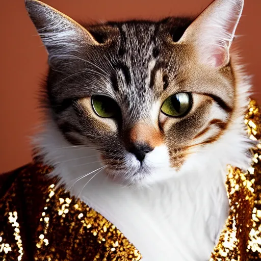 Image similar to a high - quality photo of a cat wearing a sequined designer cape, hyperrealistic, textured, animal portrait, f 2. 8