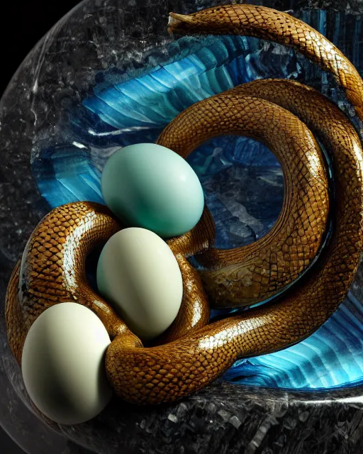 Image similar to a photo of a sculpture of a snake made from blue and emerald and amethyst crystal geode formations encircling a marble egg on a base of obsidian made with liquid gold tendrils flowing by ellen jewett by stanisław szukalski, octane render, recursive, tendrils, elestial crystals, geode, refracted light