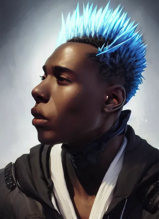 Image similar to portrait of a young black man with a mohawk and solid black irises, wearing futuristic techwear highly detailed, angular jawline, digital painting, artstation, concept art, smooth, sharp focus, illustration, art by wlop, uang guangjian and gil elvgren and sachin teng and greg rutkowski