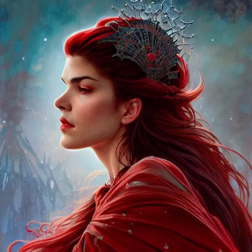 Prompt: beautiful Marie Avgeropoulos as Red Queen, Blodreina, sci-fi, closeup, D&D, fantasy, intricate, elegant, highly detailed, digital painting, artstation, concept art, matte, sharp focus, illustration, art by Artgerm and Greg Rutkowski and Alphonse Mucha