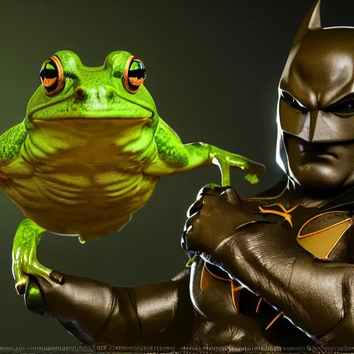 Image similar to photograph, batman the cane toad, wearing smooth froggy batsuit, alluring hero pose, its just a frog wearing a batman costume, painterly, breathtaking stande, triumphant, ornate, intricate, hyper detailed, accent lighting, dramatic light, 4 k octane render