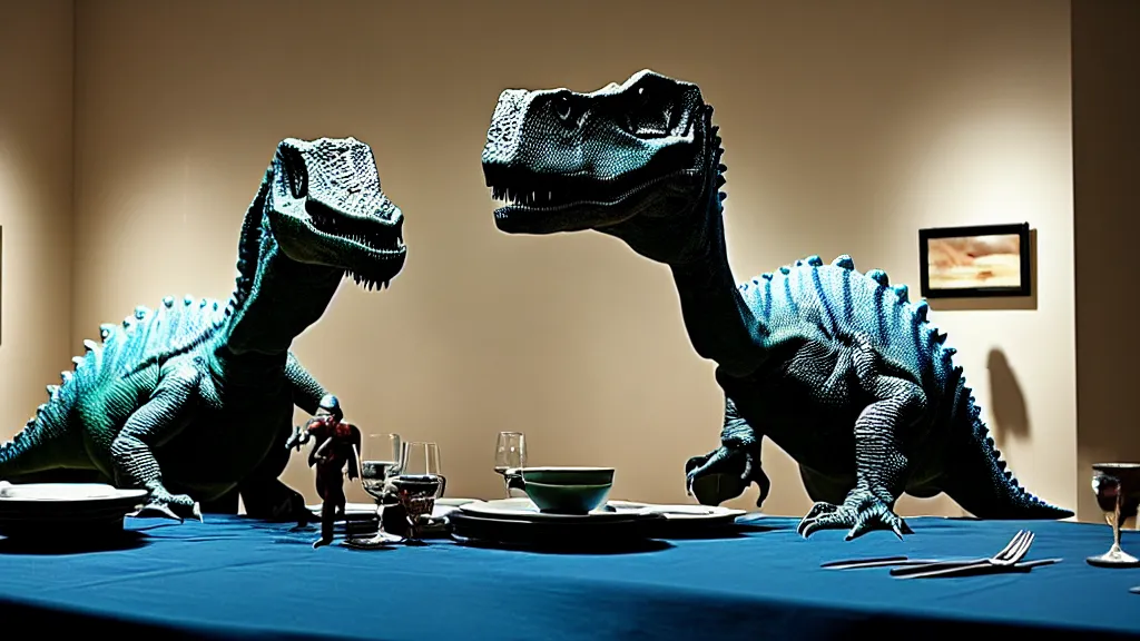 Prompt: the strange dinosaur sits at a table, made of wax and water, film still from the movie directed by Denis Villeneuve with art direction by Salvador Dalí, long lens, shallow depth of field