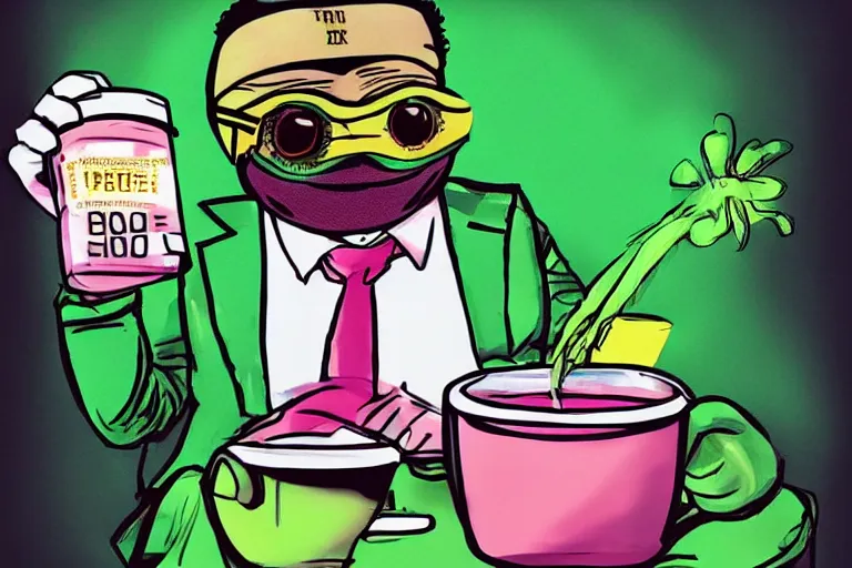 Prompt: pepe the frog in a tony montana costume drinking coffee in the office, 8 0 s style, retrowave, digital art, trending on artstation