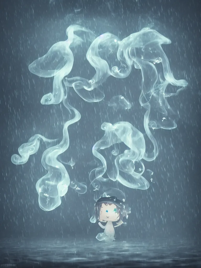 Prompt: cute fumo plush beautiful chibi ectoplasmic gothic witch jellyfish ghost girl, glowing milky wisps of hazy smoke and volumetric fog on a heavy rainstormy reflective river in the falling rain, lens flare, subsurface scattering, vignette, asymmetry, bokeh, refraction, vray