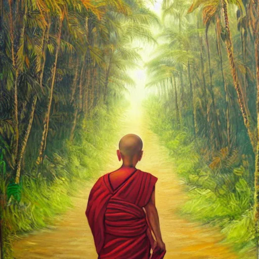 Prompt: fuzzy painting of a young buddhist monk walking down a narrow road in jungle early morning