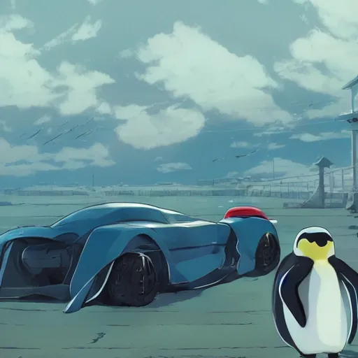 Image similar to car, robot, penguin, ocean, blue sky, illustration concept art anime key visual trending pixiv fanbox by wlop and greg rutkowski and makoto shinkai, studio ghibli 3 d render