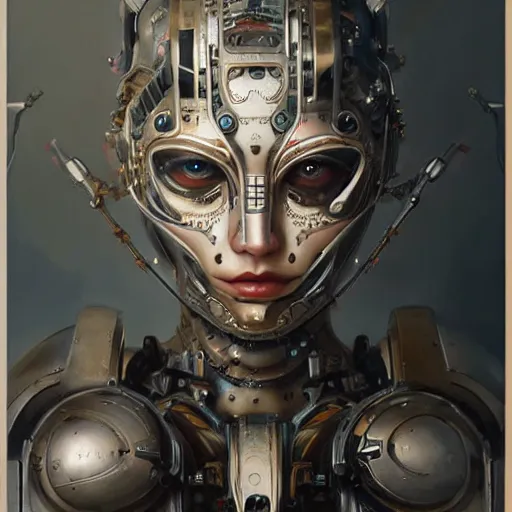 Image similar to ultra realist soft painting of a single attractive cyborg female sillicon skin cyborg armored, curiosities carnival, symmetry accurate features, very intricate details, focus, curvy, artstyle Hiraku Tanaka and Tom Bagshaw, award winning