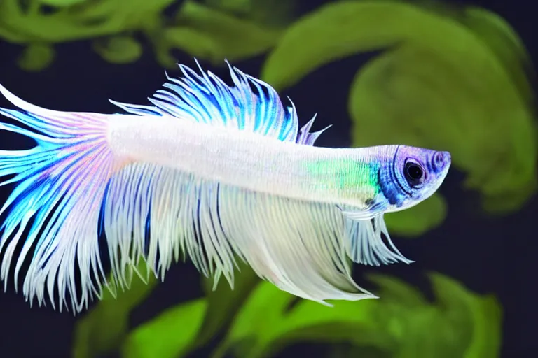 Image similar to a swirling iridescent white betta fish with long swirling fins, black-water-background