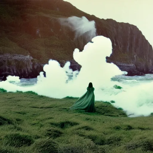 Image similar to 1 9 7 0's artistic spaghetti western movie in color, a woman in a giant billowy wide flowing waving dress made out of white smoke, standing inside a green mossy irish rocky scenic landscape, crashing waves and sea foam, volumetric lighting, backlit, moody, atmospheric