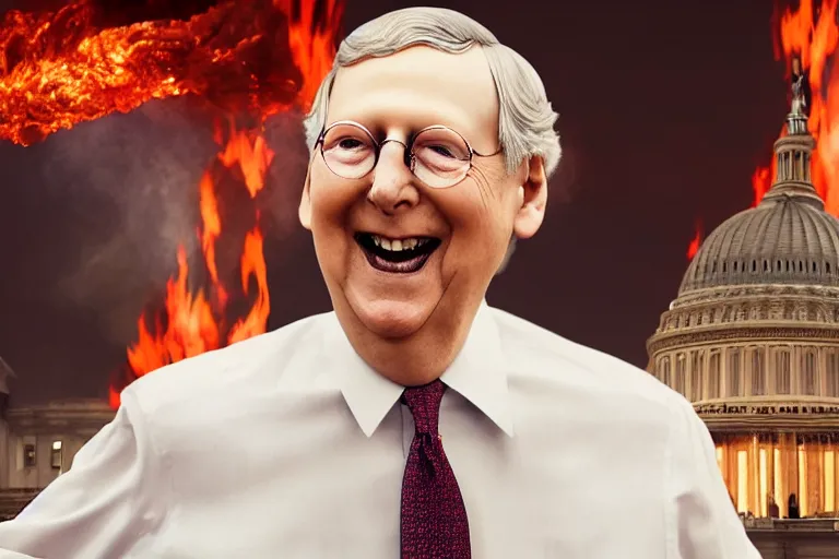 Image similar to senator mitch McConnell laughing maniacally in front of a burning capitol building, digital illustration by artgerm and face by wlop, octane render