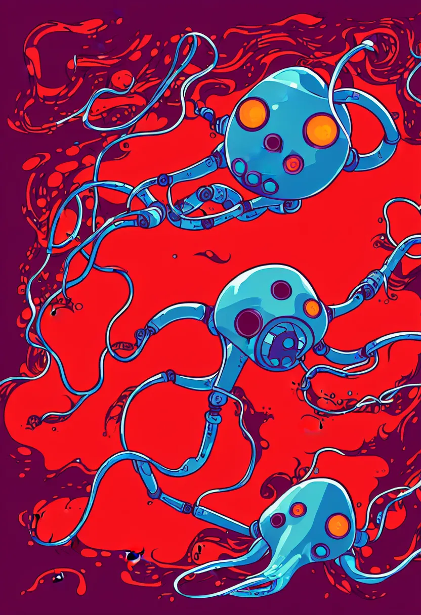 Prompt: a robot squid floats swims through a cloud of blood, concert poster for band named fingers, vector art, 8 k, highly detailed illustration