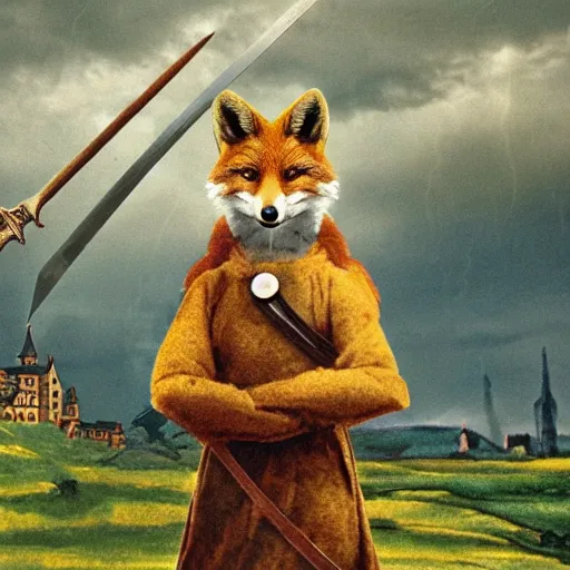 Image similar to anthropomorphic fox!! who is a medieval knight holding a sword towards a stormy thundercloud [ 1 9 3 0 s film still ], castle in the background