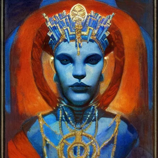 Image similar to the ocean crown, by Annie Swynnerton and Nicholas Roerich and Diego Rivera, blue skin, elaborate costume, geometric ornament, rich color, dramatic cinematic lighting, smooth, sharp focus, extremely detailed