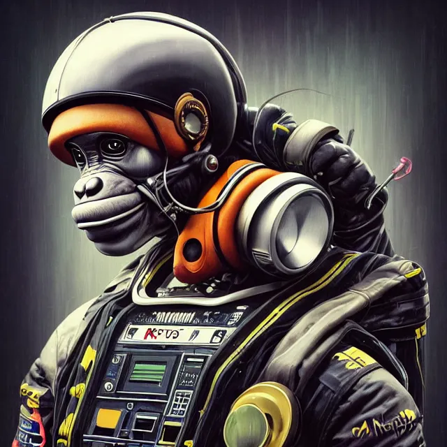 Prompt: a portrait of an anthropomorphic cyberpunk chimp in a racing helmet by sandra chevrier, detailed render, tape deck, boombox, headphones, epic composition, cybernetics, 4 k realistic, cryengine, realistic shaded lighting, sharp focus, masterpiece, by matteo scalera, gary montalbano, peter elson in the style of the tokyo ghost comic