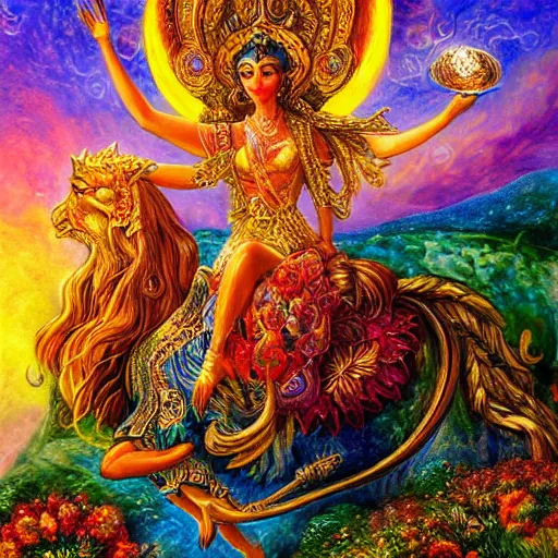 Image similar to goddess riding flying golden ram by josephine wall, trending on artstation, checking her phone, erupting volcano in distance, flowers in foreground, sunset, stars in sky, fantasy, 8 k