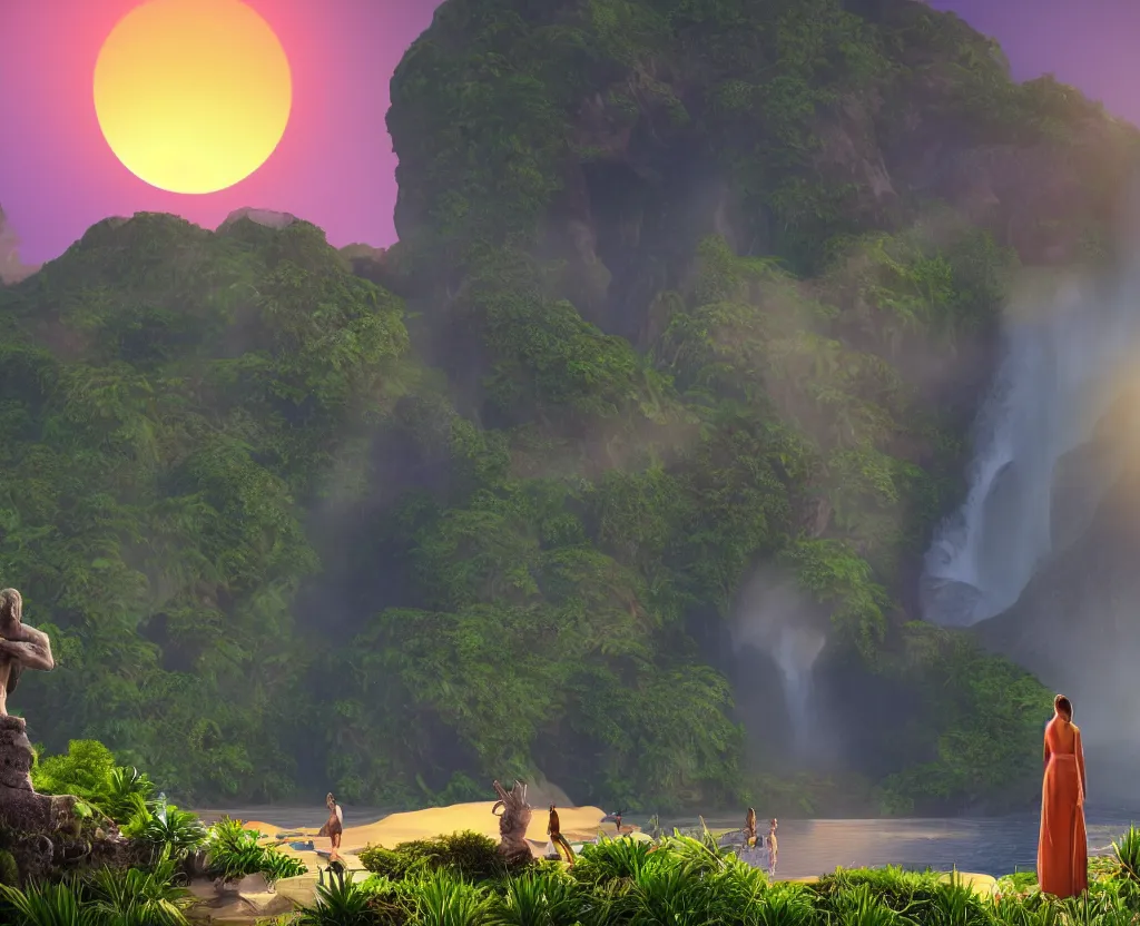 Image similar to a low-poly render of a big purple hand holding the orange setting sun on the ocean horizon. a green tinted transparent beckoning lady in front of a waterfall. a cream colored abandoned building featuring two statues and pitch black periphery. a prehistoric jungle scene with a mountain in the background.