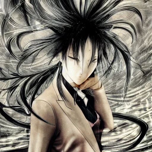 Image similar to Yoshitaka Amano realistic illustration of an anime girl with white hair and cracks on her face wearing dress suit with tie fluttering in the wind, abstract black and white patterns on the background, noisy film grain effect, highly detailed, Renaissance oil painting, weird portrait angle