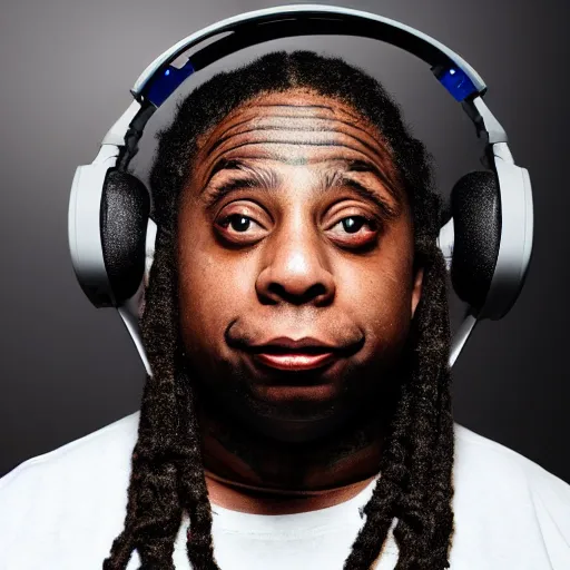 Image similar to obese Lil Wayne wearing a headset yelling at his monitor while playing WoW highly detailed wide angle lens 10:9 aspect ration award winning photography erasure head