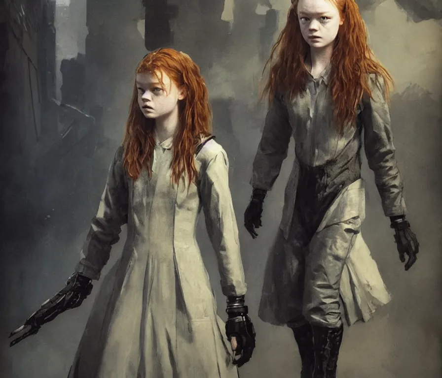 Prompt: poor sadie sink dressed for school dance : costume concept for a scifi cyberpunk film. by greg rutkowski, john j. park, jason chan, noah bradley, feng zhu, gintas galvanauskas, gustave courbet, rosa bonheur, edward hopper. sharp focus, cinematic atmosphere, detailed and intricate, perfect anatomy