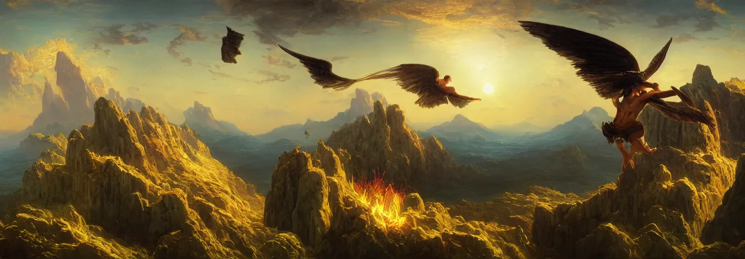 Image similar to Icarus with his wings on fire crashed and burned on the side of a mountain while Daedalus bows his head in disbelief from his workshop in the mountains below. in the style of a surreal and awe-inspiring thomas cole and bruce pennington digital art panorama landscape painting at sunset. unreal engine, 4k, matte, exquisite detail