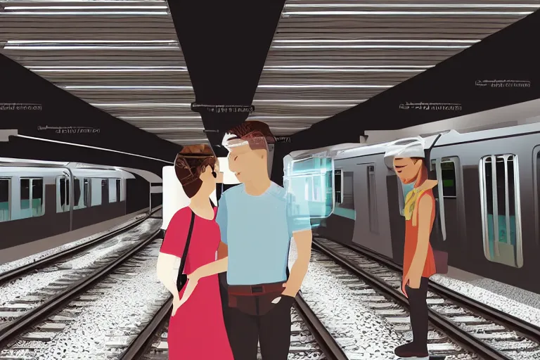 Image similar to vfx movie couple in a train station flat color profile cinematography