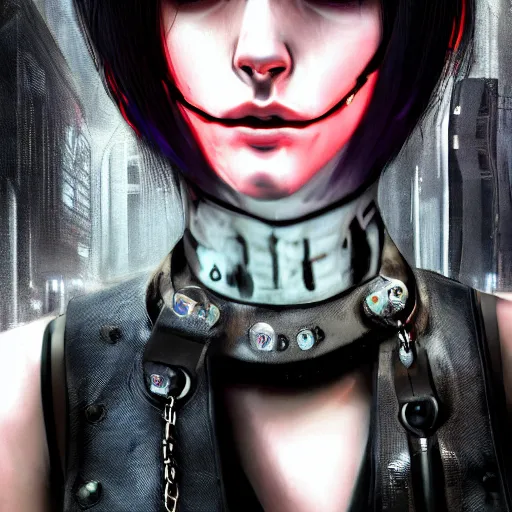 Image similar to detailed realistic cyberpunk female character cyberpunk wearing large steel collar around neck, realistic, art, beautiful, 4K, collar, choker, collar around neck, punk, artstation, detailed, female, woman, choker, cyberpunk, neon, punk, collar, choker, collar around neck, thick collar, choker around neck, wearing choker, wearing collar, bright neon punk hair, collar, choker,