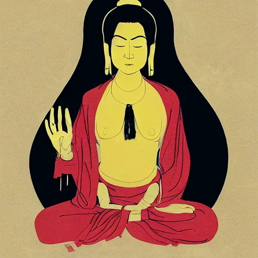 Image similar to contented female bodhisattva, praying meditating, portrait by Conrad Roset