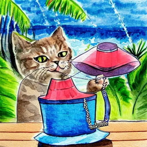 Prompt: a cat with a bucket hat and a hawaii shirt drinking a beer at an outdoor bar by the sea in stockholm, children\'s book illustration watercolor drawing