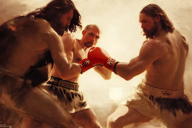 Image similar to ancient, jesus christ boxing with vladimir putin, fist fight, detailed faces, in battle by anders zorn, wonderful masterpiece by greg rutkowski, beautiful cinematic light, by greg manchess, jessica rossier