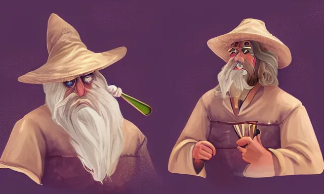 Prompt: 🧙‍♂️ Character art of a D&D wizard doing magic in his laboratory, with a blond beard and curly hair and a wide-brimmed straw hat, concept art, digital art