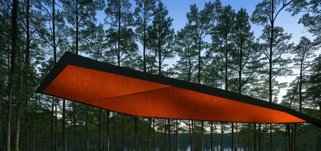 Image similar to faceted roof planes lift and descend creating shade and architectural expression, highly detailed, situated in the forest, next to a highly reflective lake, at dusk, vivid color