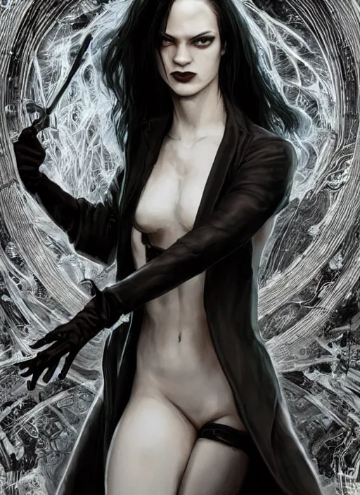 Prompt: neo from matrix 1 as sandman, with fingers and hair turning into smoke, vertigo, full figure dynamic fighting pose, pale skin!, gothic, black overcoat, fantasy, intricate, elegant, highly detailed, digital painting, artstation, concept art, wallpaper, smooth, sharp focus, illustration, art by artgerm and greg rutkowski and alphonse mucha