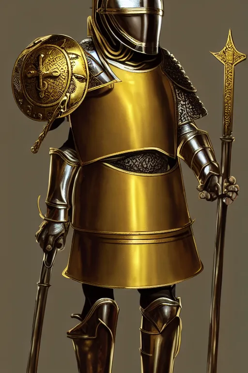 Prompt: man looking forward in iron decorated with gold baroque style christian crusader armor, cylindrical helmet covering all his head decorated with golden cross on front it's front and white cape covering most of his body standing at the gates of jerusalem drawn by greg rutkowski realistic high detail