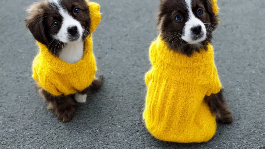 Image similar to a cute puppy cat wearing a yellow sweater