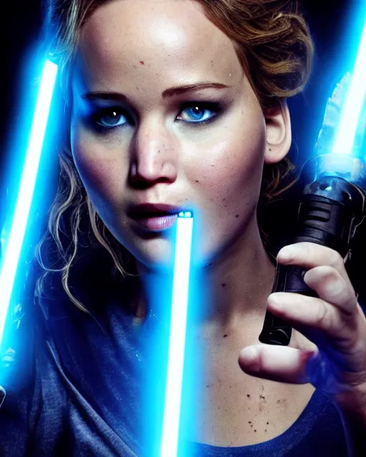 Image similar to jennifer lawrence, battle scared with ripped and damaged clothes, as a jedi holding up a blue lightsaber, very dark background, official new star wars episode xi movie poster from lucas arts, perfect symmetrical face, moody lighting, 8 k, shallow depth of field, intricate detail,