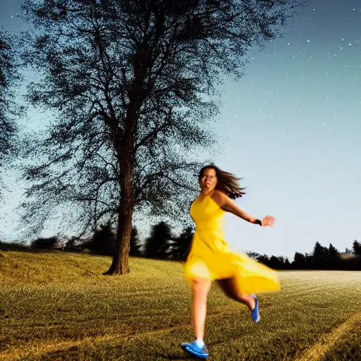 Image similar to a woman running at night in a yellow dress in the center of the frame sideways, dark hair, a barn, bushes and trees in the background, realistic photo, 4K, 35 mm