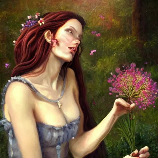 Prompt: a really beautiful oil painting of Circe the witch picking up flowers, detailed, perfect face, HD, realistic