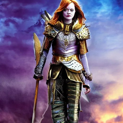 Image similar to full body photo of emma stone as a warrior with amethyst encrusted armour