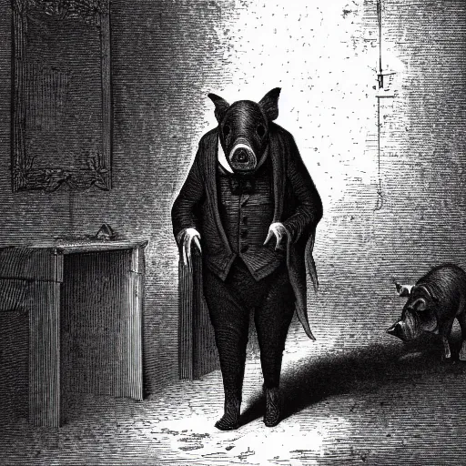 Image similar to a pig walking on two legs, creepy atmosphere, dressed in a tuxedo, dark, close-up, realistic, very realistic, illustration by Gustave Doré