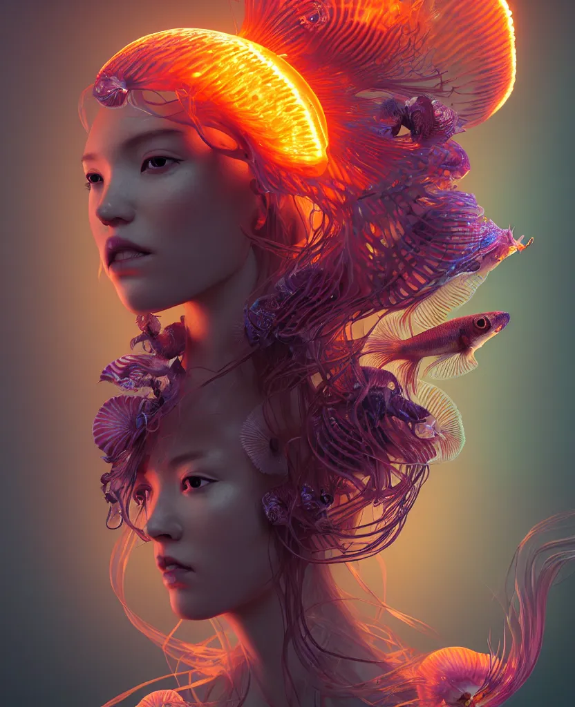 Image similar to goddess close-up portrait. jellyfish phoenix head, nautilus, orchid, skull, betta fish, bioluminiscent creatures, intricate artwork by Tooth Wu and wlop and beeple. octane render, trending on artstation, greg rutkowski very coherent symmetrical artwork. cinematic, hyper realism, high detail, octane render, 8k