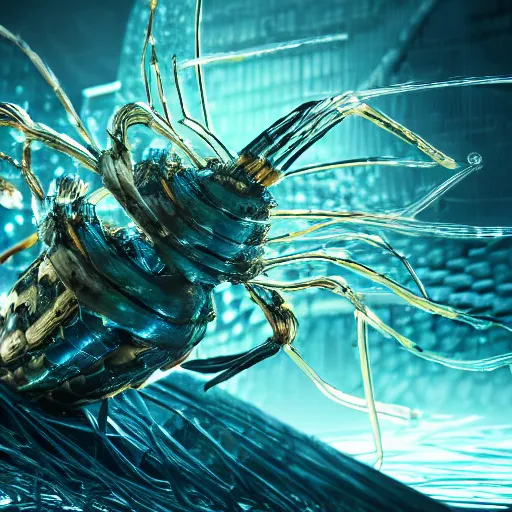 Image similar to a cyber shrimp god, evil, villain, studio, studio background, sharp focus, dynamic lights, still, photograph, hyper realistic, masterpiece, digital, octane render, rendered, 3 d, blender, 3 d software, cinematic, cinematic lighting, dramatic lighting, dramatic, highly detailed, intricate details, texture, slime, cinematic composition