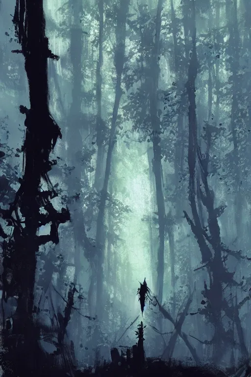 Prompt: looking up at a dark forest, intricate, elegant, highly detailed, john park, frazetta, sparth, ruan jia, jeffrey catherine jones