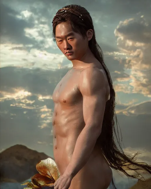 Image similar to justin sun as a god aphrodite, weta hyperrealism cinematic lighting and composition