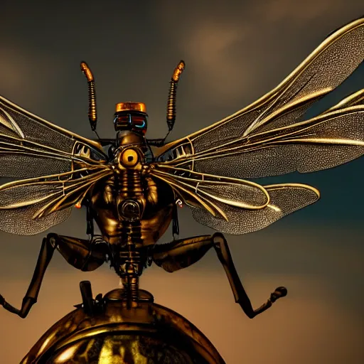 Prompt: a steampunk warrior dragonfly flying towards camera in high rate, transformer, mech, Ultra detailed, cinematic, cinematic lights, 8k, photorealistic, epic, sunset