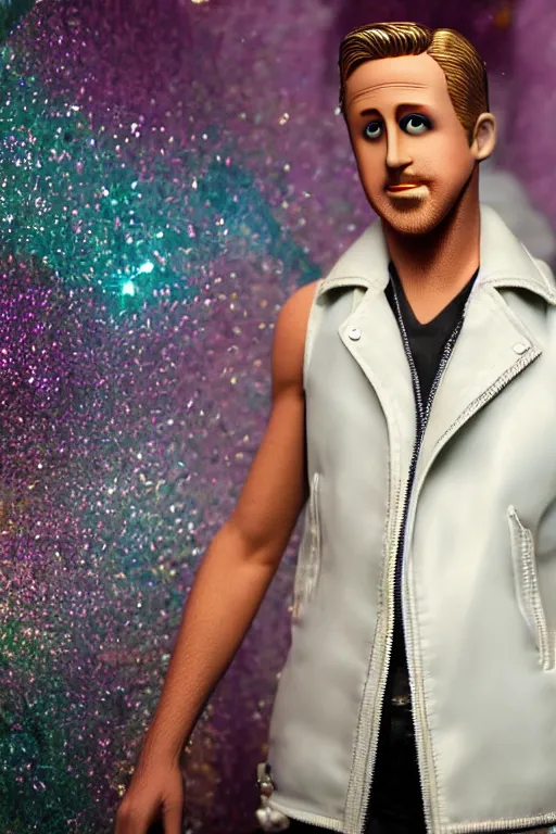 Image similar to Ryan Gosling with silver-violet hair, white eyes inflated press and denim glittery vest, wide lens, diorama, 4k,