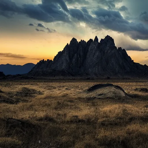 Prompt: award winning landscape photography by takeshi mizukoshi, lone tree in foreground with jagged mountains in background, sunset, dramatic lighting, clouds, atmospheric