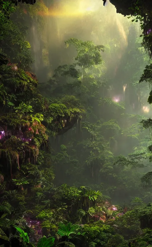 Image similar to a beautiful render of a dark prehistoric rainforest in a humongous cave, lush flora, patches of yellowish - red - magenta sky, sunset lighting, floating mountains and a waterfall in the background, intricate detail, hazy, humid, volumetric lighting, god rays, 8 k, photorealistic, raytracing effects, unreal engine 5